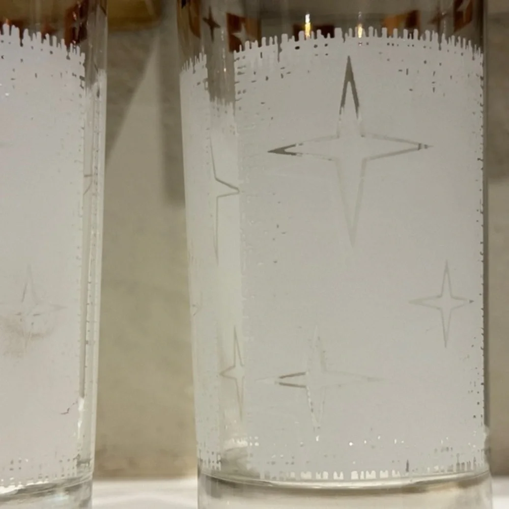 Mid‎ Century Modern White & Gold Atomic Cosmic Starburst Glass Drink Tumblers